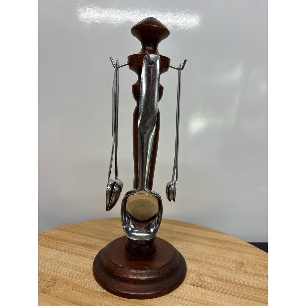 Vintage Foley Wood Rack Stand Tree With 4 Metal Measuring Spoons 11" Tall